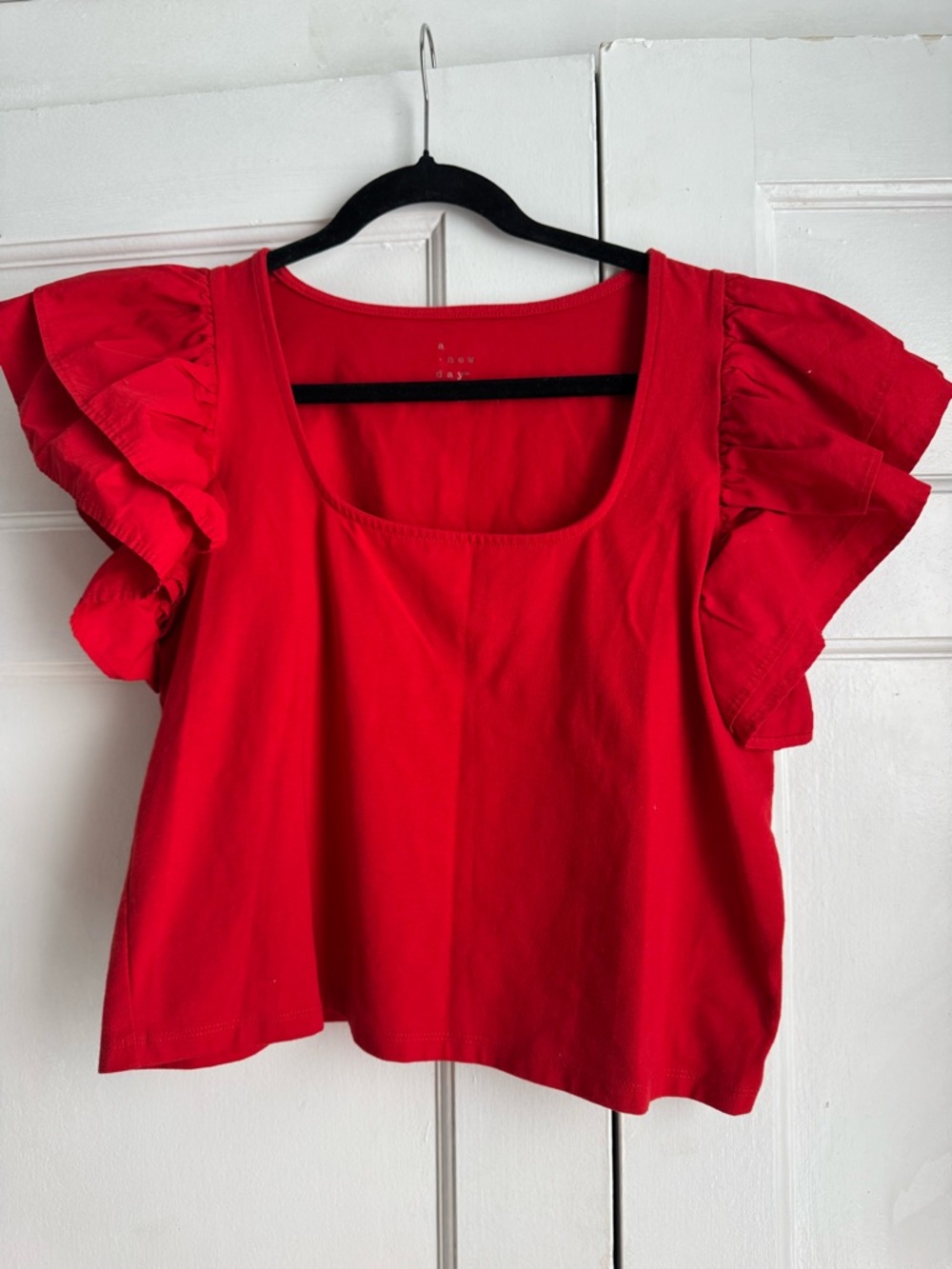 A New Day Red Ruffle Sleeve Scoop Neck Top
